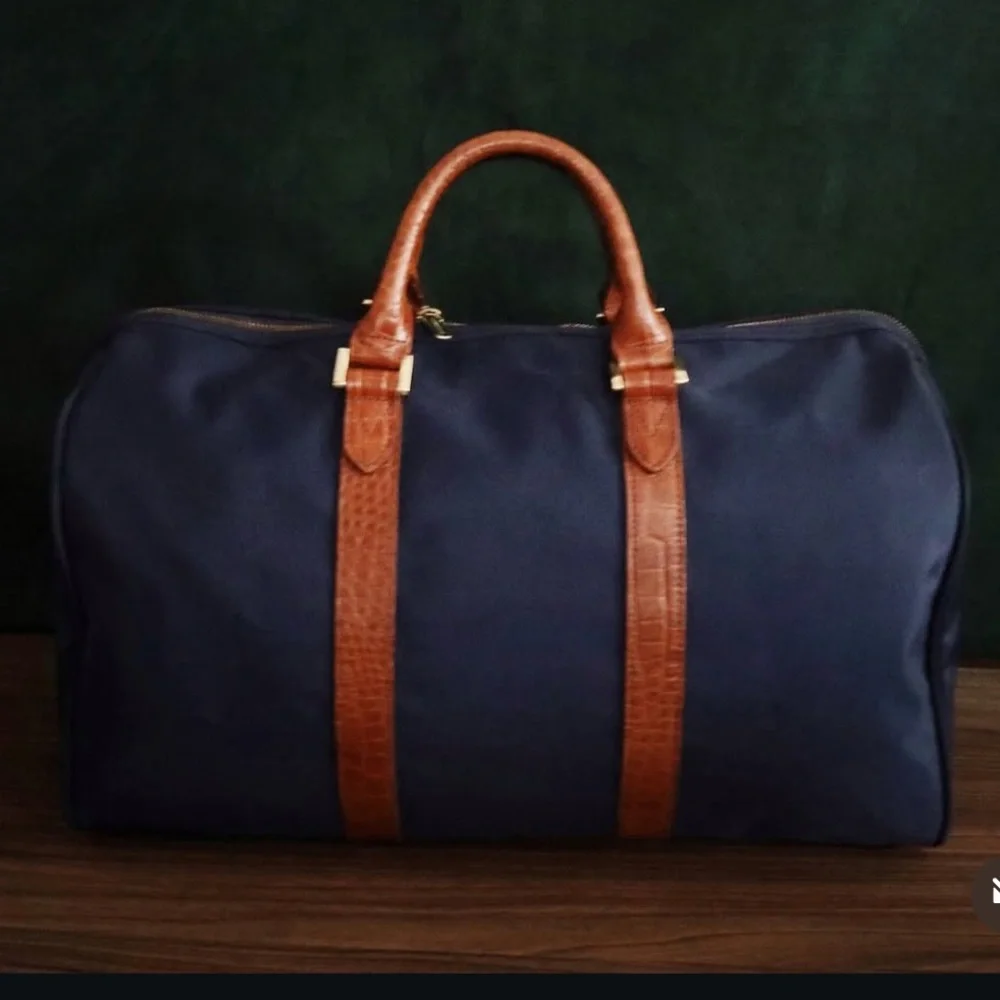 Valentino Garavani Navy and Brown Leather-Trim Duffel Bag